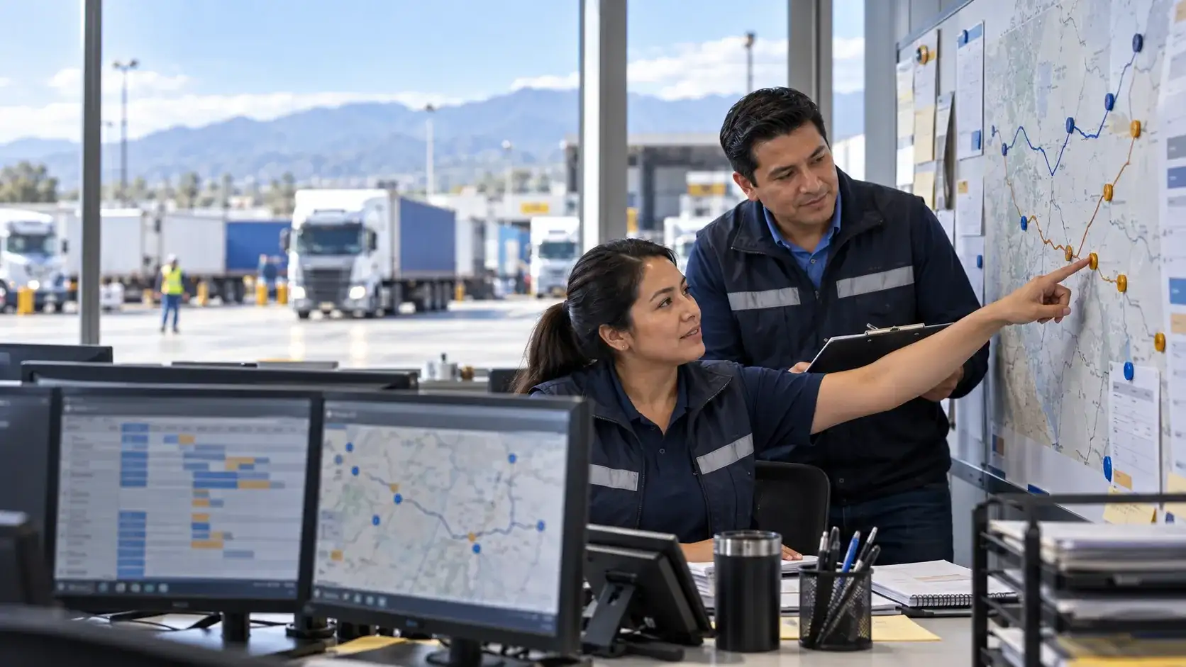Equipo de despacho coordina rutas de transporte frente a un mapa.