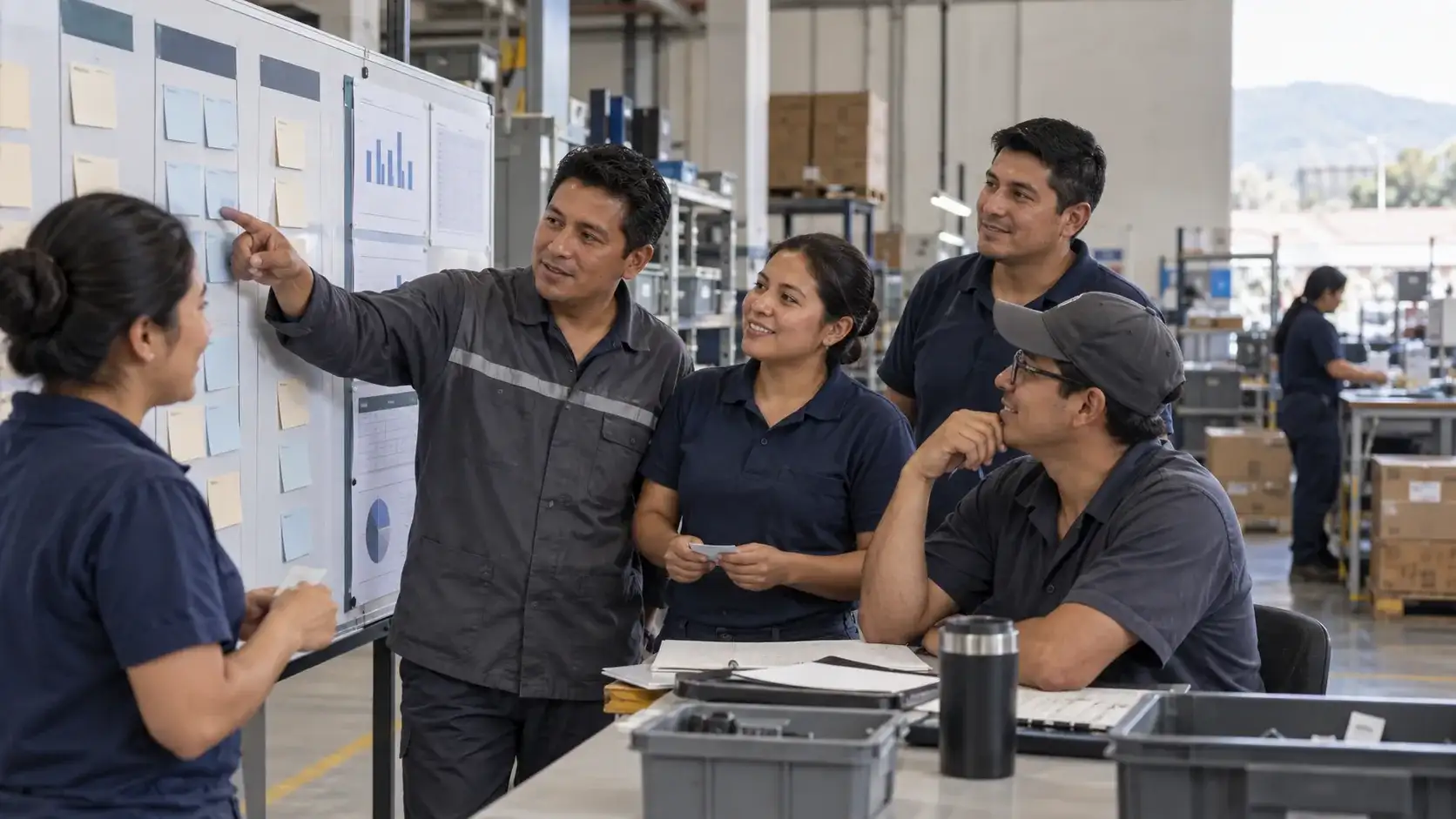 Equipo de planta revisa oportunidades de mejora frente a un tablero de trabajo.