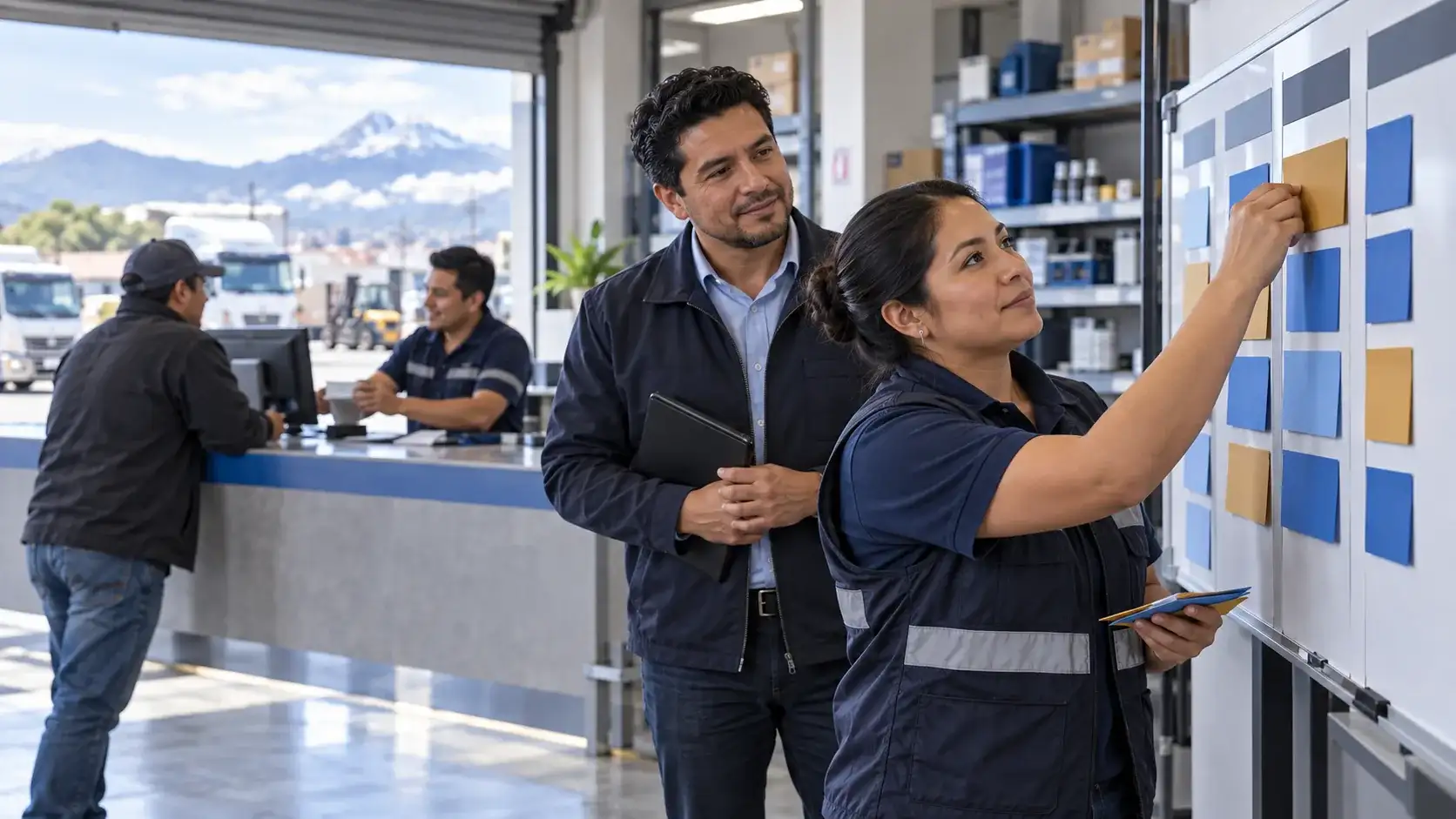 Responsable de operaciones organiza órdenes de trabajo en un tablero.