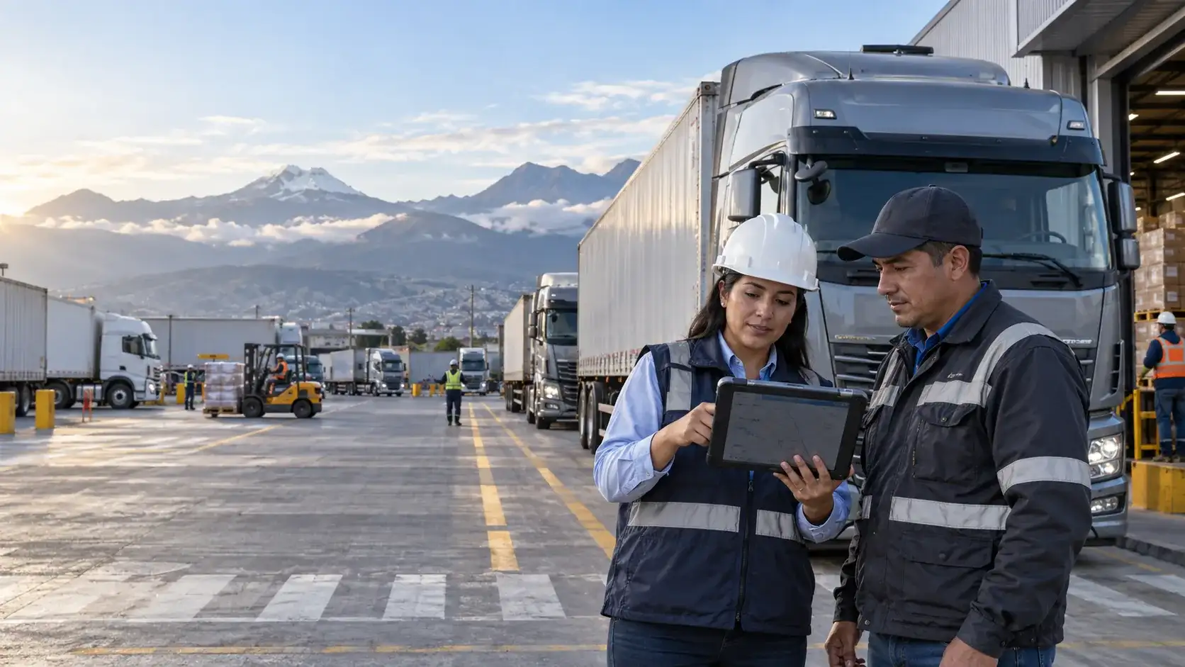 Profesionales de logística consultan rutas junto a camiones de carga.